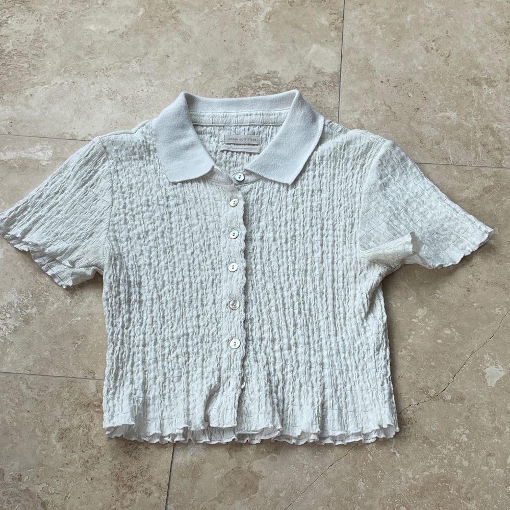 White Crinkle Button-Up Crop Top